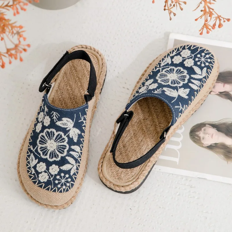 Ethnic Chic Fashion - Sandales plates ethniques en lin pour