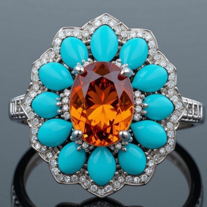 Ethnic Chic Fashion - Bague florale brillante en turquoise synthétique
